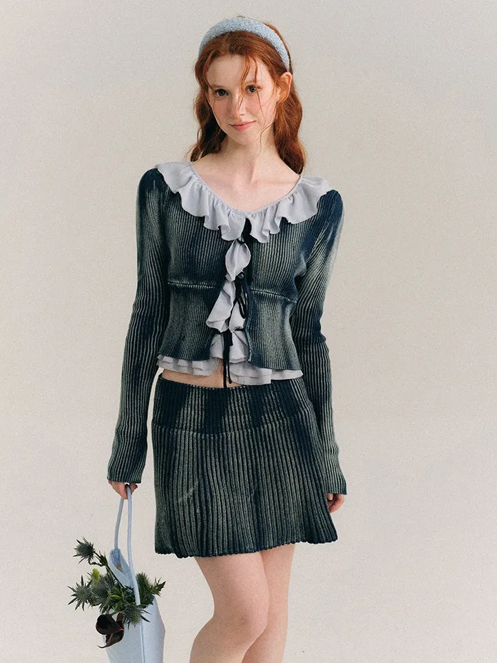 Washed Tie-dye Lace-up Knitted Cardigan & Skirt
