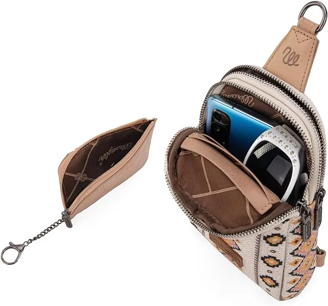 WG2205-210W  Wrangler Aztec Print Crossbody Sling Chest Bag With Zip Card Holder Set -Tan