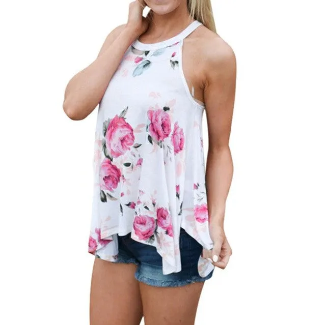 Women Floral white sleeveless top Printed Tank Top For Women Casual T Shirt Femme tank women #63 SM6