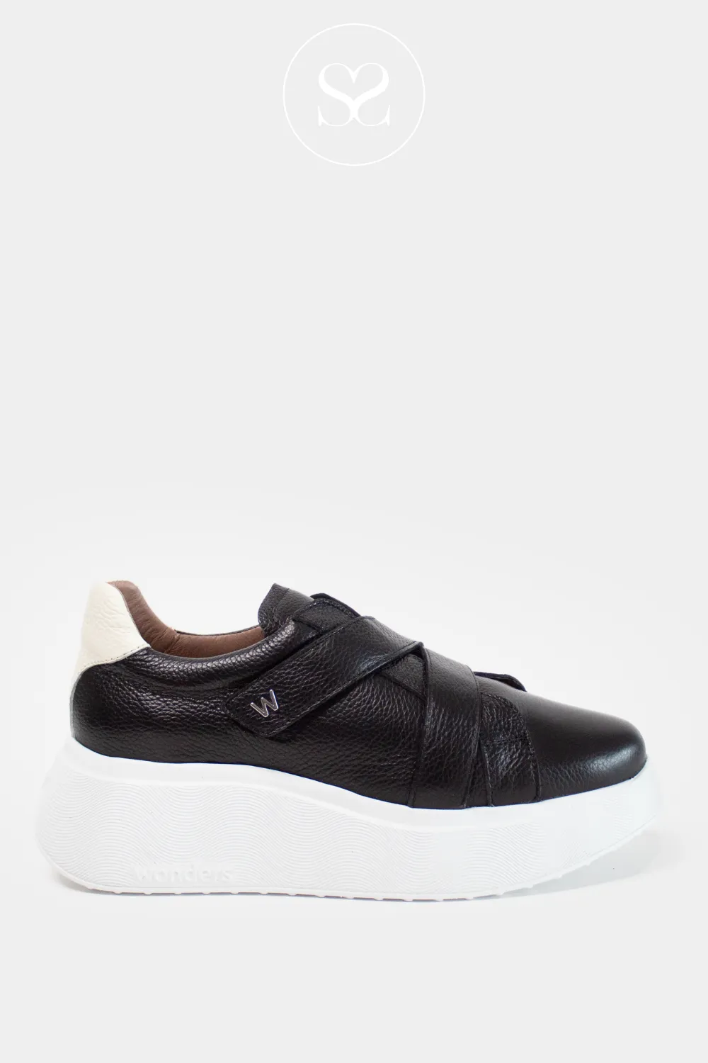 WONDERS A-3612 BLACK LEATHER VELCRO STRAP CHUNKY WEDGE TRAINERS