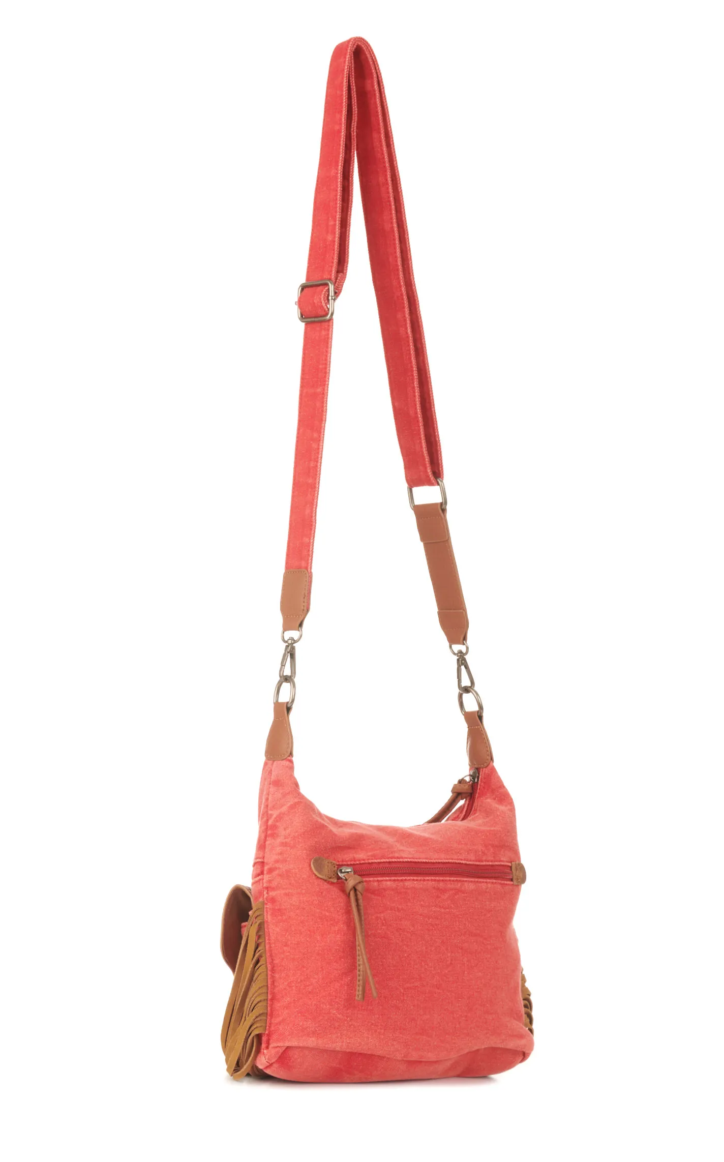 Wrangler Red Denim & Floral Tooled Leather Fringed Crossbody Bag