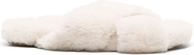 Yves Salomon crossover-strap shearling slides White