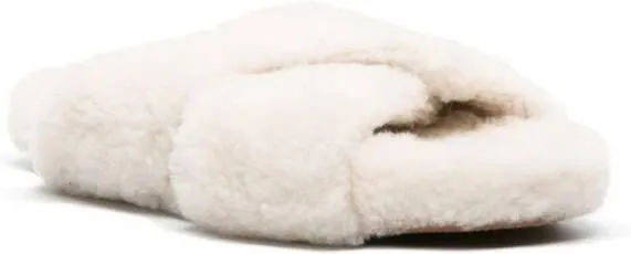 Yves Salomon crossover-strap shearling slides White