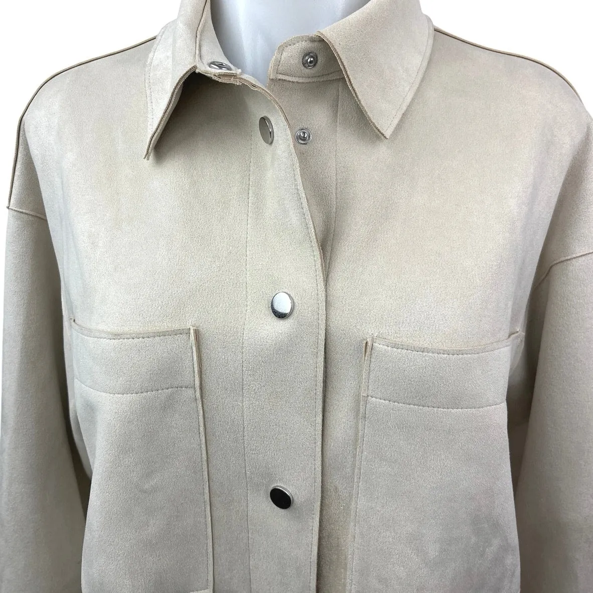 Zara Women's Cream White Faux Suede Snap Button Down Pockets Shirt Jacket Top S