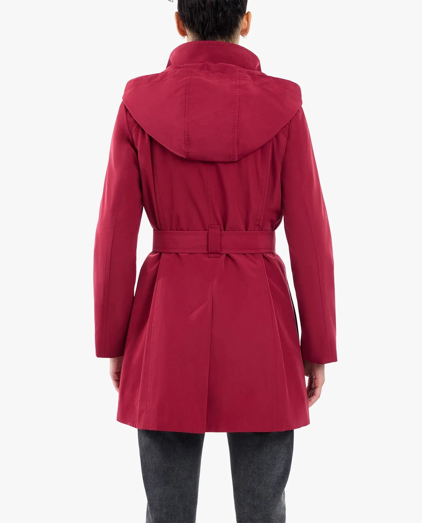 ZIP FRONT HIGH-NECK HOODED TRENCH WITH BELT