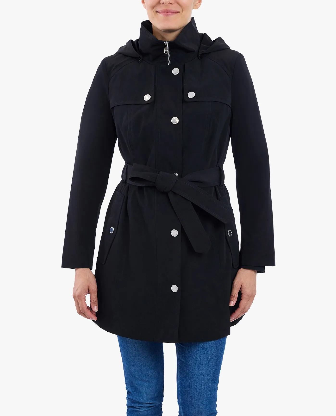 ZIP FRONT HIGH-NECK HOODED TRENCH WITH BELT