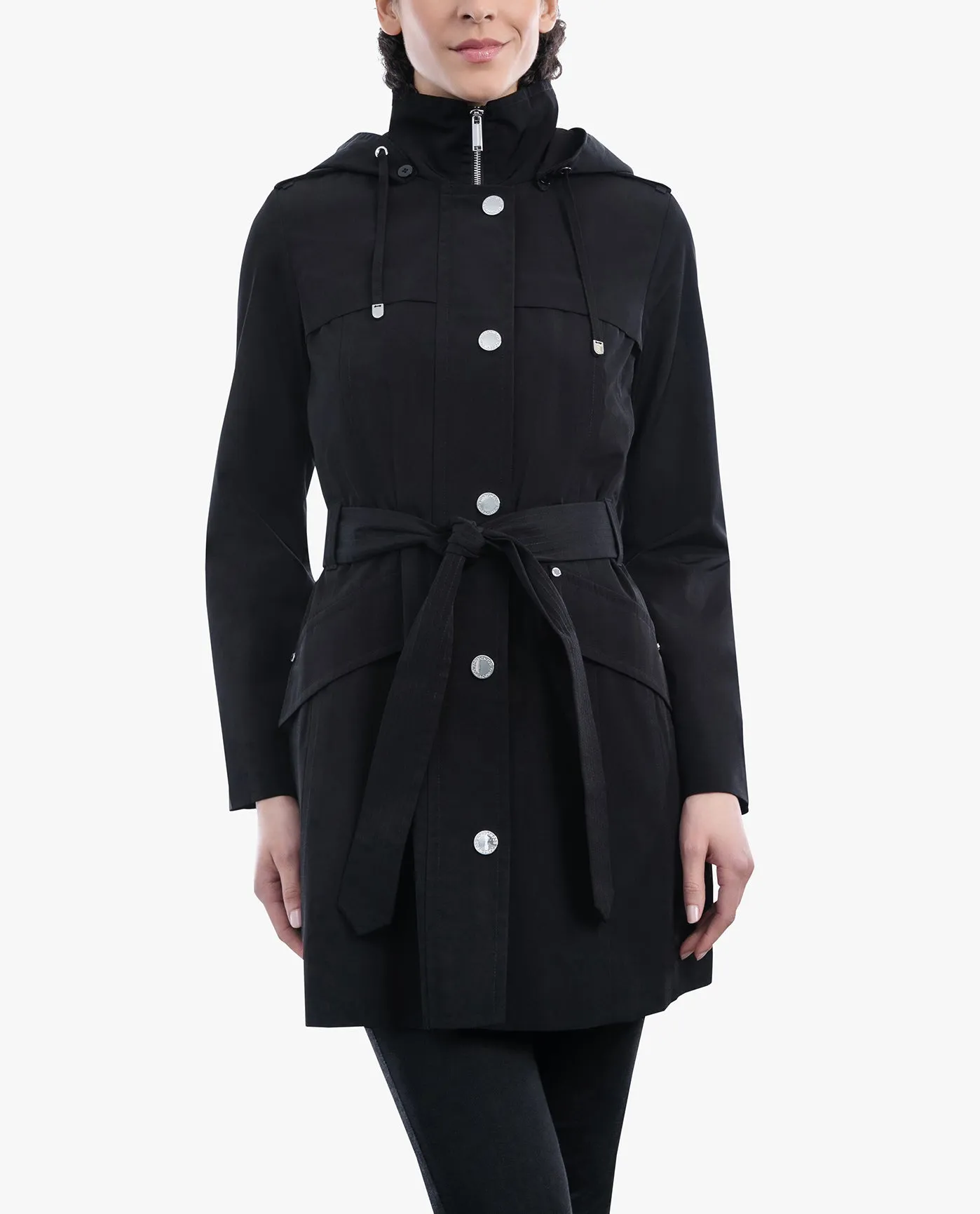 ZIP FRONT HOODED TRENCH WITH BELT