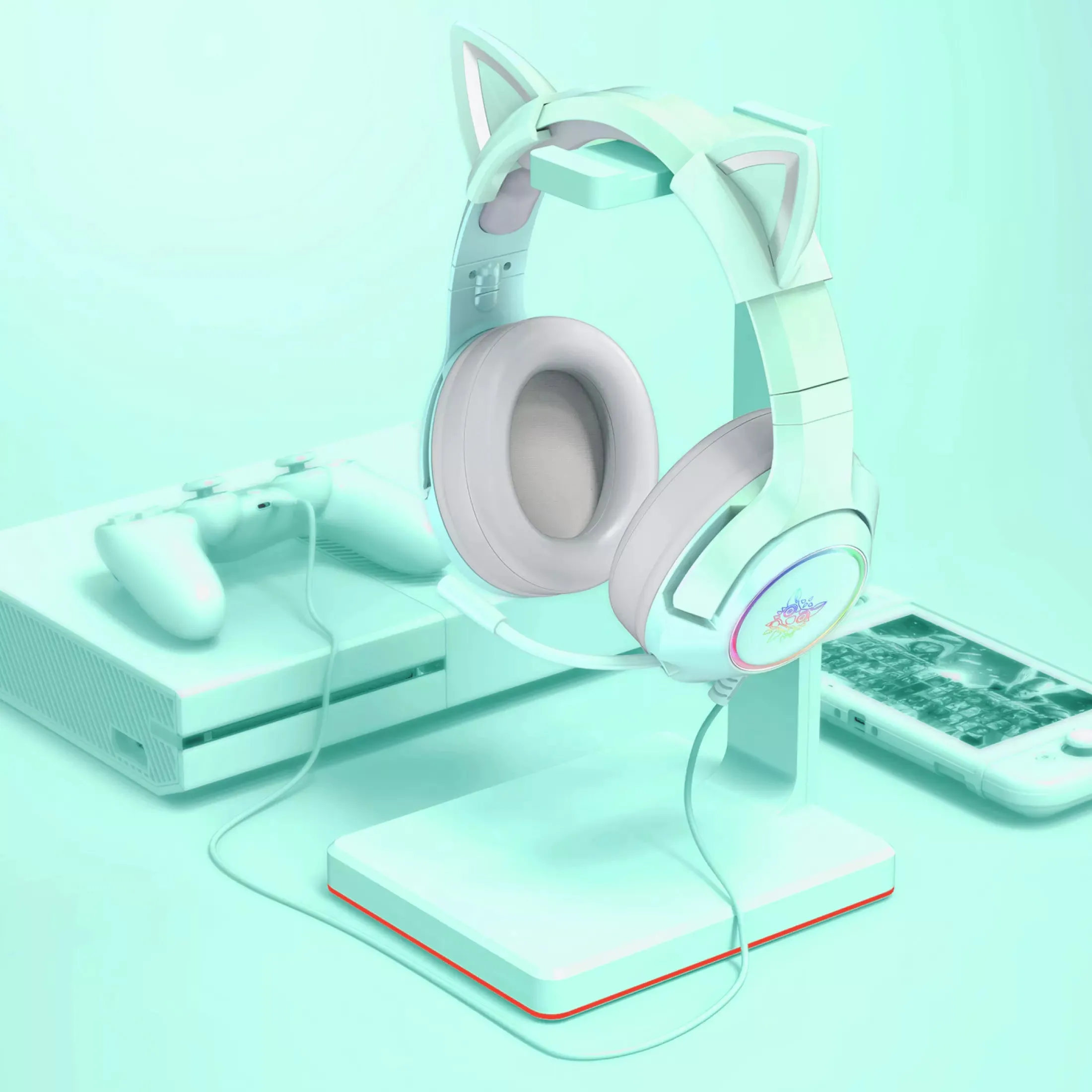 （Original Box）Onikuma K9 Green Cute Cat Ear Headphone with Mic Cute Gaming Headset